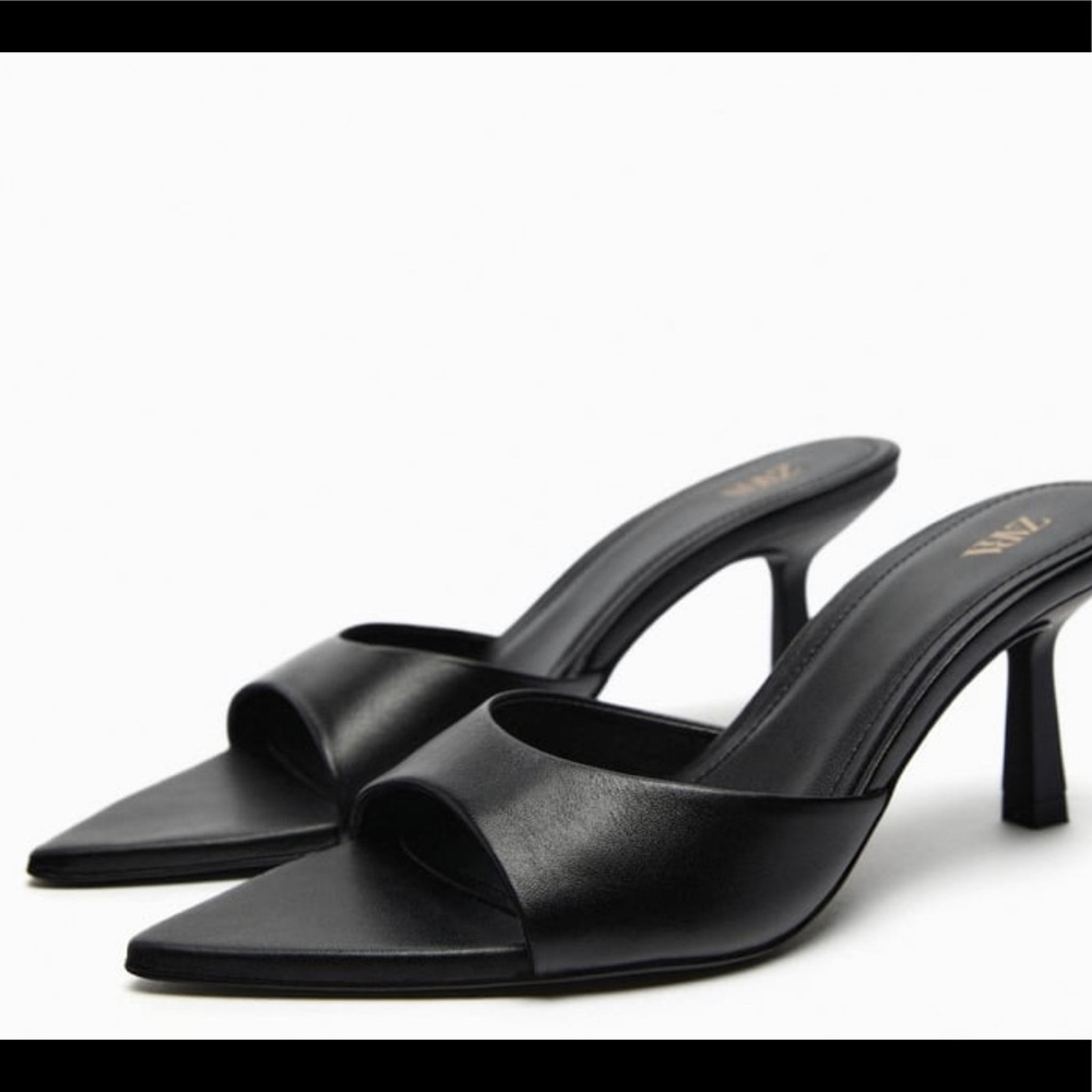 Zara heeled black leather slides
